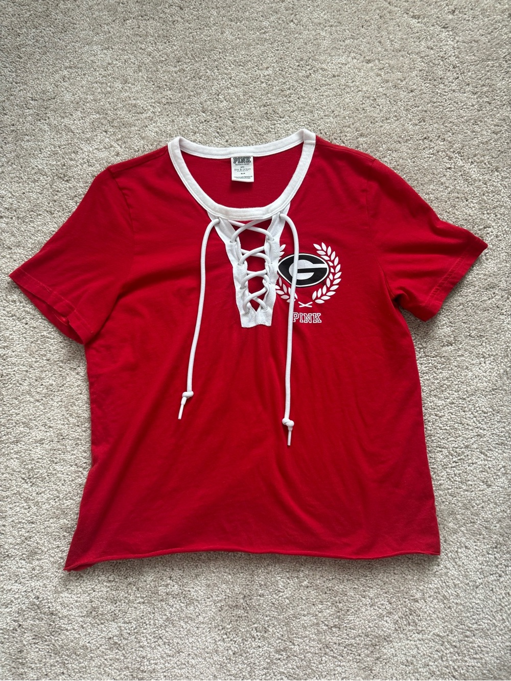 PINK Victoria's Secret Red Lace-Up Ringer Tee with White Trim - Picture 1 of 5